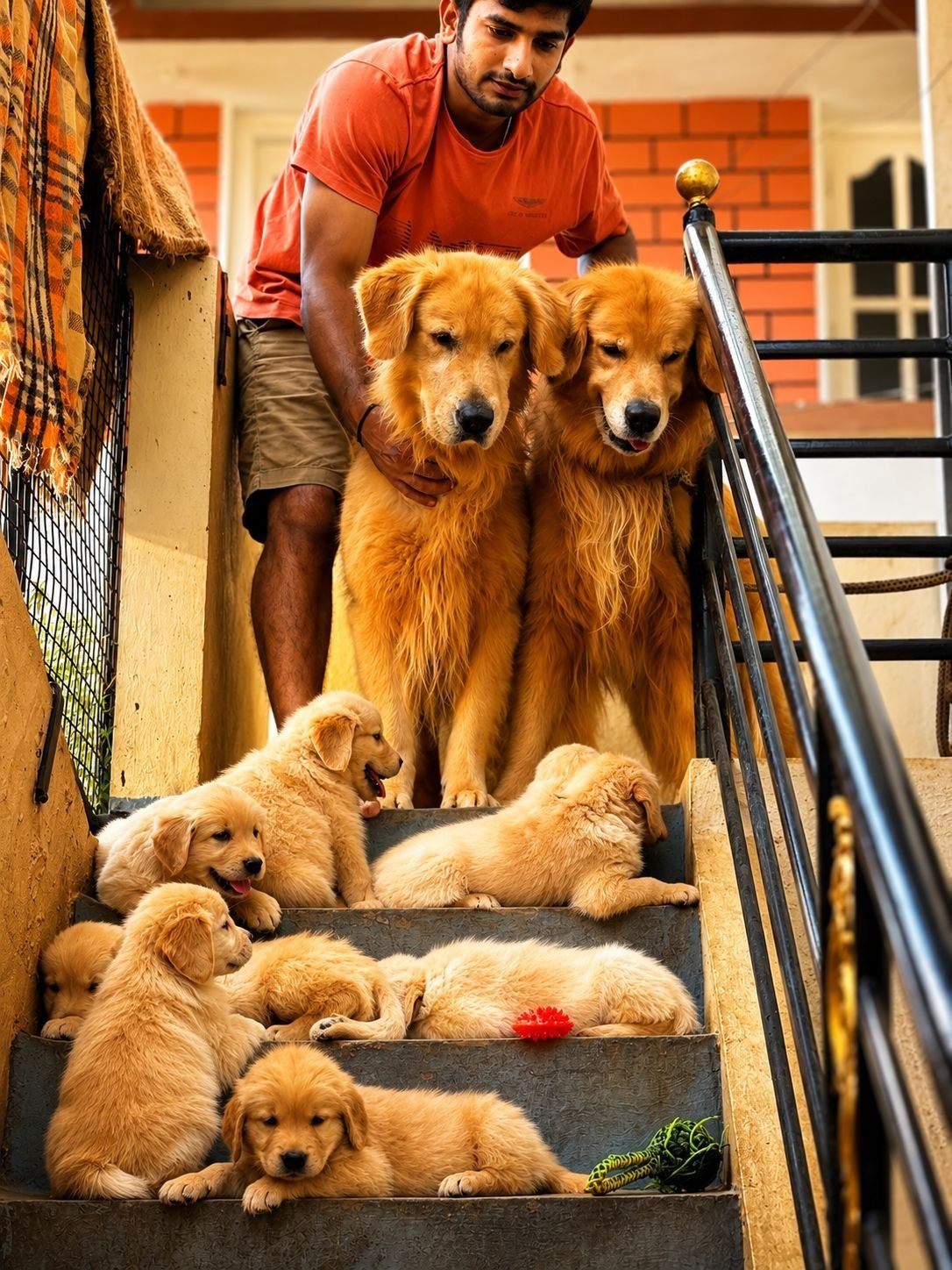 Golden Retriever adults and puppies on the front steps